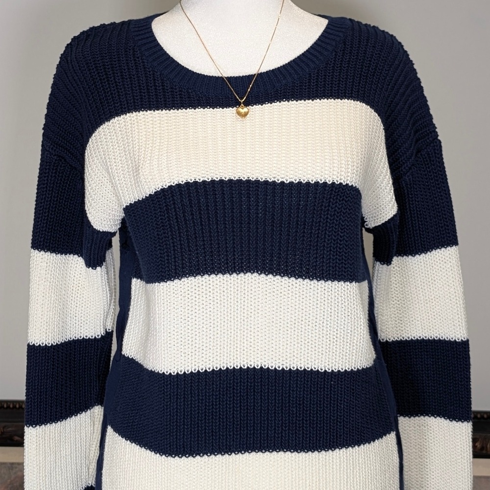 Talbots Striped Nautical Coastal Vibe Knit Sweater Lace Up Side Navy Cream‎ M - Picture 3 of 11